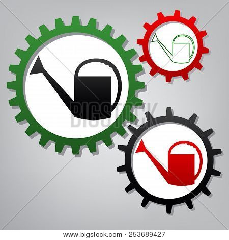 Watering Sign. Vector. Three Connected Gears With Icons At Grayi