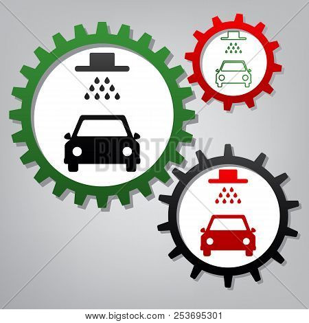 Car Wash Sign. Vector. Three Connected Gears With Icons At Grayi