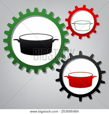 Pan Sign. Vector. Three Connected Gears With Icons At Grayish Ba