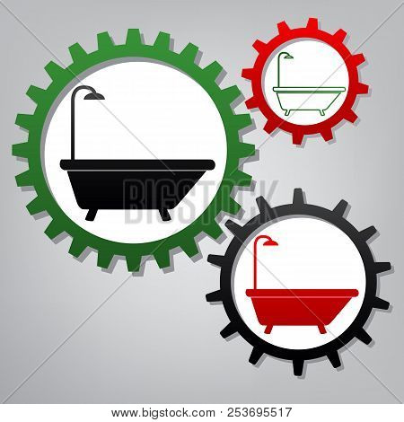 Bathtub Sign. Vector. Three Connected Gears With Icons At Grayis