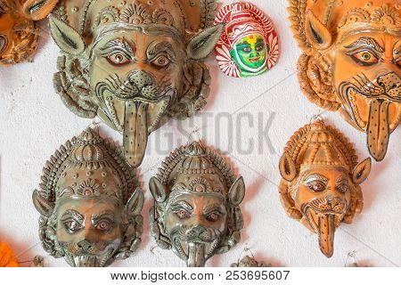 Colorful Chhau (or Chhou) Mask , Handicrafts On Display For Sale - At Charida, Purulia - Bangla (for