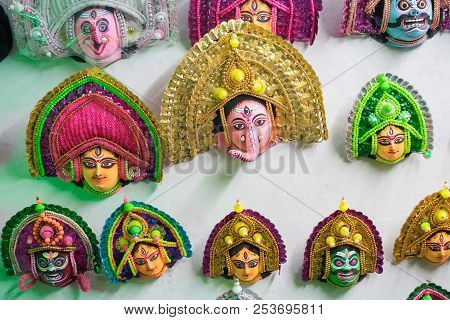 Colorful Chhau (or Chhou) Mask , Handicrafts On Display For Sale - At Charida, Purulia - Bangla (for