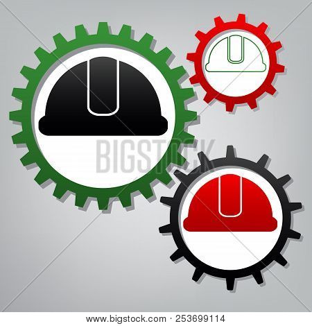 Hardhat Sign. Vector. Three Connected Gears With Icons At Grayis