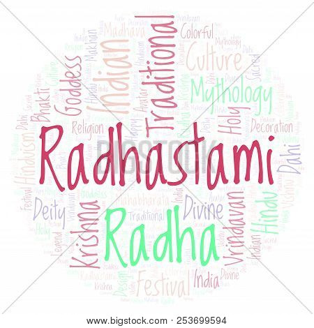 Radhastami  In Circle Shape   Word Cloud. Wordcloud Made From Letters And Words Only.