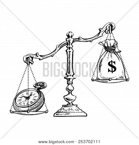 Money And Pocket Watch On The Scale. Time Is Money Concept