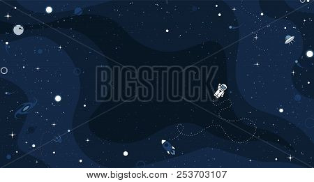 Vector Space Background With Copy Space. Cute Flat Style Template With Astronaut, Spaceship, Rocket,