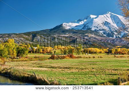 Mount Sopris autumn landscape in Colorado Rocky Mountains, USA. 