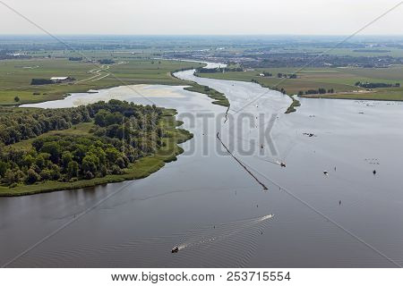 Aerial View Estuary Of Dutch River Vecht With Sailing Ships