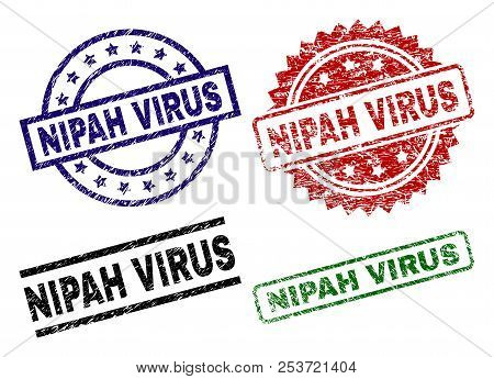 Nipah Virus Seal Prints With Corroded Texture. Black, Green, Red, Blue Vector Rubber Prints Of Nipah