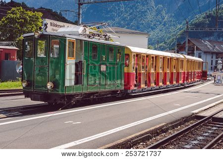 Wilderswil, Bernese Oberland, Switzerland - August 5, 2017 : Retro Tourist Train To Schynige Platte 