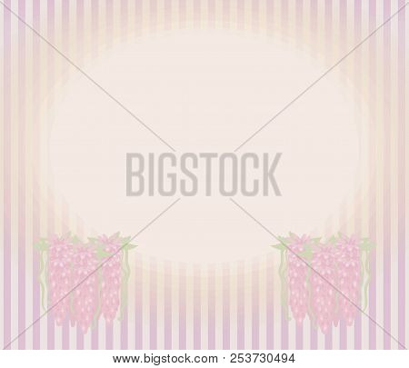 Striped Retro Vintage Card With Bunches Of Three Beams Of Flowing Pink Flowers And Leaves, Oval Hori