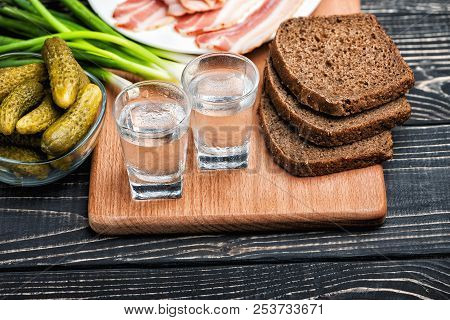 Ussian Vodka With Traditional Black Bread And Pickles