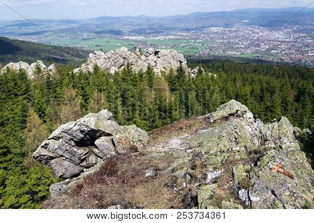 Rock Formation On Jested Mountain, Liberec In Background, Czech Republic