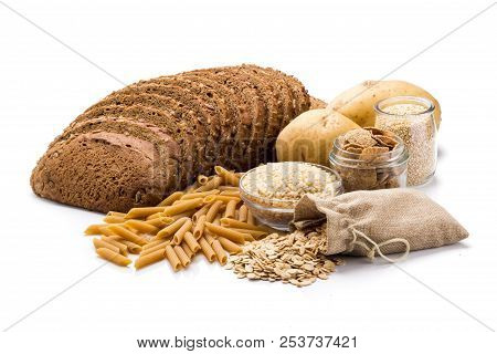 Group Of Whole Foods, Complex Carbohydrates Isolated On A White Background