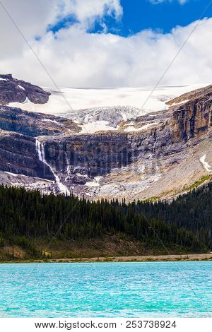 Bow Glacier With Waterfall And Bow Lake In Banff National Park
