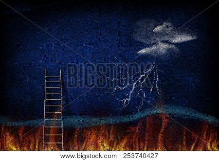 Abstract painting. Ladder leading from fire to sky. 3D rendering