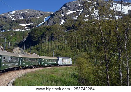 Famous Railroad Flamsbahn. Norwegian Train Near Railway Station.June 17,2018. Flam, Norway, Scandinavia.