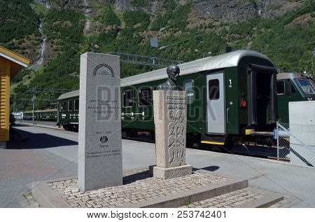 Station old Flam Railway. The Flamsbana is a 20.2-kilometer long railway line between Myrdal and Flam in Aurland, June 17,2018. Flam, Norway, Scandinavia.