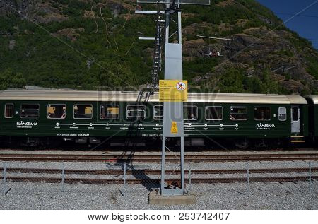 Station old Flam Railway. The Flamsbana is a 20.2-kilometer long railway line between Myrdal and Flam in Aurland, June 17,2018. Flam, Norway, Scandinavia.