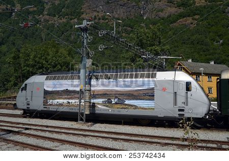 Station old Flam Railway. The Flamsbana is a 20.2-kilometer long railway line between Myrdal and Flam in Aurland, June 17,2018. Flam, Norway, Scandinavia.