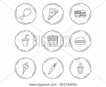 Vegetarian Burger, Pizza And Soft Drink Icons. Coffee, Ice Cream And Chips Fries Linear Signs. Chick