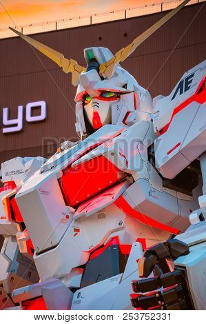 Tokyo, Japan - April 20 2018: Full-size Mobile Suit  Rx-0 Unicorn Gundam Replica From The Mobile Sui