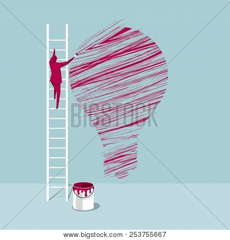 The Artist Draws A Light Bulb On The Wall. The Background Is Blue.