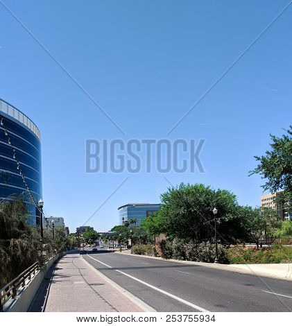 Tempe, Az, Usa - May 22 2018:  Mill Avenue Running To Tempe Downtown From Sail River Lake, Tempe, Az