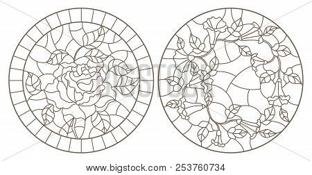 Set Of Contour Illustrations Of Stained-glass Windows With A Rose And A Loach, Dark Contours On A Wh