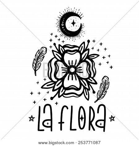 Sketch Graphic Illustration Flora Moon With Mystic And Occult Hand Drawn Symbols. Vector Holiday Ill