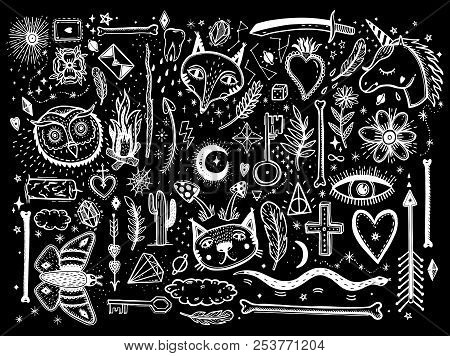 Sketch Graphic Illustration With Mystic And Occult Hand Drawn Symbols Big Set. Vector Holiday Illust
