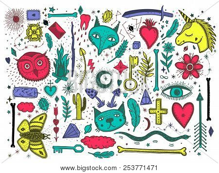 Sketch Graphic Illustration With Mystic And Occult Hand Drawn Symbols Big Set. Vector Holiday Illust