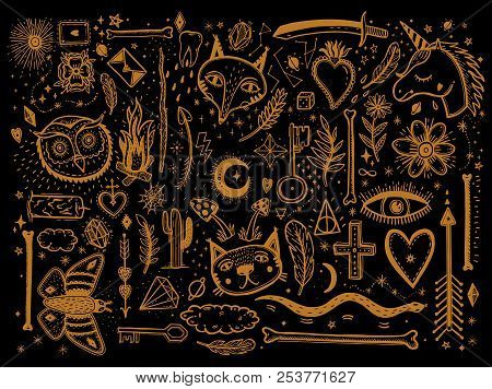 Sketch Graphic Illustration With Mystic And Occult Hand Drawn Symbols Big Set. Vector Holiday Illust