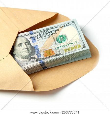 Envelope With Money Isolated On White Background. The Concept Of A Bribe, Corruption, Illegal Wages,