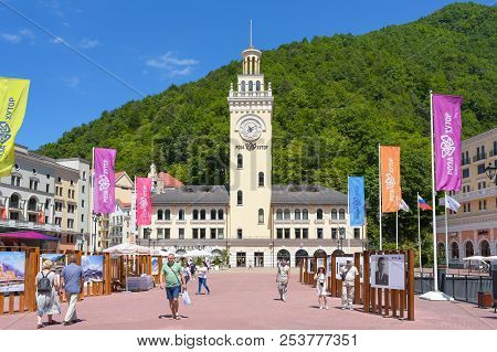 Rosa Khutor, Russia, Krasnaya Polyana - 22 July 2018: City Hall In Rosa Khutor Mountain And Ski Reso