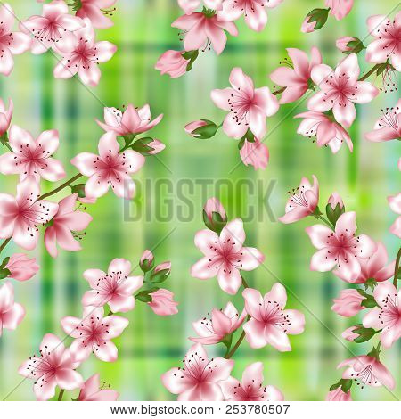 Japanese Cherry Blossom  Sakura Branches Vector Seamless Pattern. Linen Textile Vector Background. C