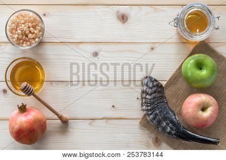 Rosh Hashanah (hashana)  (jewish New Year Holiday) And Yom Kippur Concept With Ram Shofar (horn) And