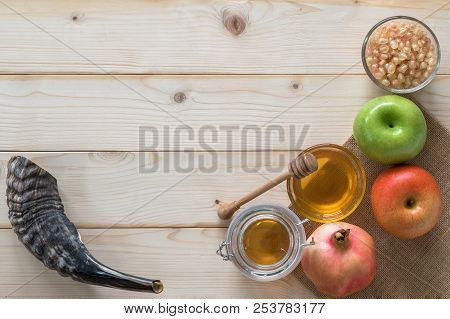 Rosh Hashanah (hashana)  (jewish New Year Holiday) And Yom Kippur Concept With Ram Shofar (horn) And