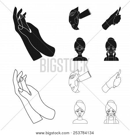Hand Moisturizing, Scalpel Surgeon Mask On Face, Cream On Face. Skin Are Set Collection Icons In Bla