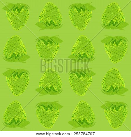 Strawberry Seamless Pattern Whole Berries, Top View Green Tone Background. Vector Stock Illustration