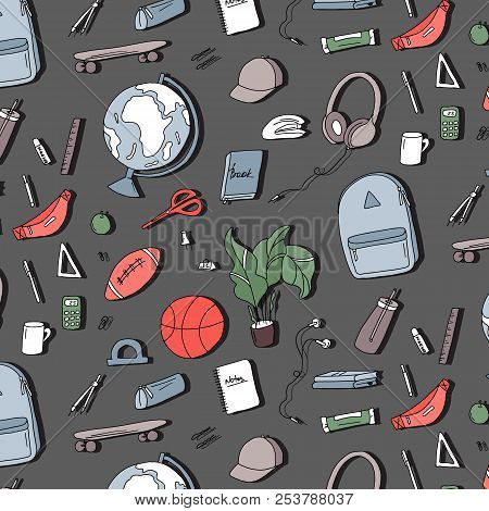 Back To School Pattern. Colorful Education Equipment: Pen, Notebook, Calculator Vector Illustration.