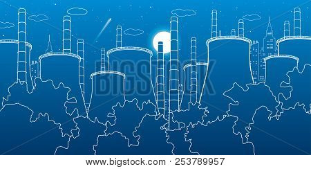 Industry Illustration. Factory Thermal Power Plant. Urban Scene. Pipes And Smoke. White Lines On Blu