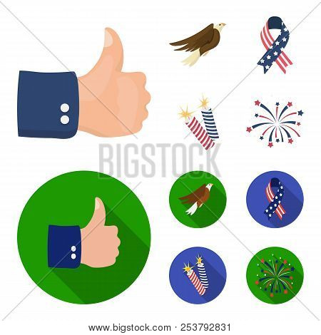 American Eagle, Ribbon, Salute. The Patriot Day Set Collection Icons In Cartoon, Flat Style Vector S
