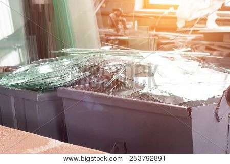 Large Container With Broken Broken Glass, Manufacturing Waste Glass
