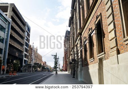 Traffic Road And Australian People Walking Besign Road On St Georges Terrace Street At Perth City