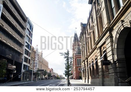 Traffic Road And Australian People Walking Besign Road On St Georges Terrace Street At Perth City