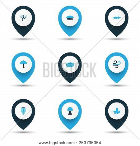 Seasonal Icons Colored Set With Apple Pie, Umbrella, Maple And Other Champignon Elements. Isolated V