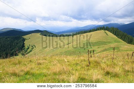 Low Grey Clouds In The Mountain Valley, Green Forest, Black Mountains. Top Of The Hill