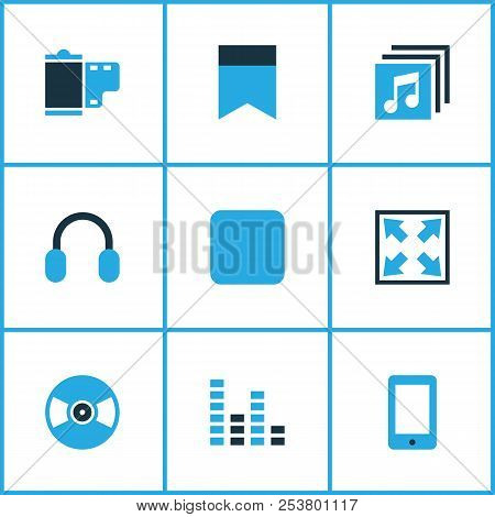 Multimedia Icons Colored Set With Widen, Headphone, Smartphone And Other Enlarge Elements. Isolated 