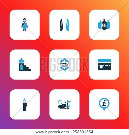 Holiday Icons Colored Set With Kareem, Iftar, Mimbar And Other Meal Eaten Elements. Isolated  Illust